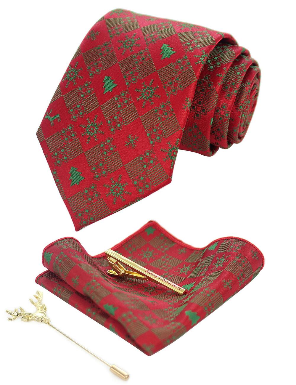 6503 Festival Silk Necktie Red Christmas Tie and Pocket Square with Tie